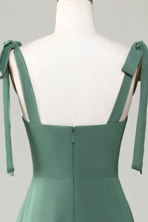 Eucalyptus Tie Straps A Line Bridesmaid Dress With Slit
