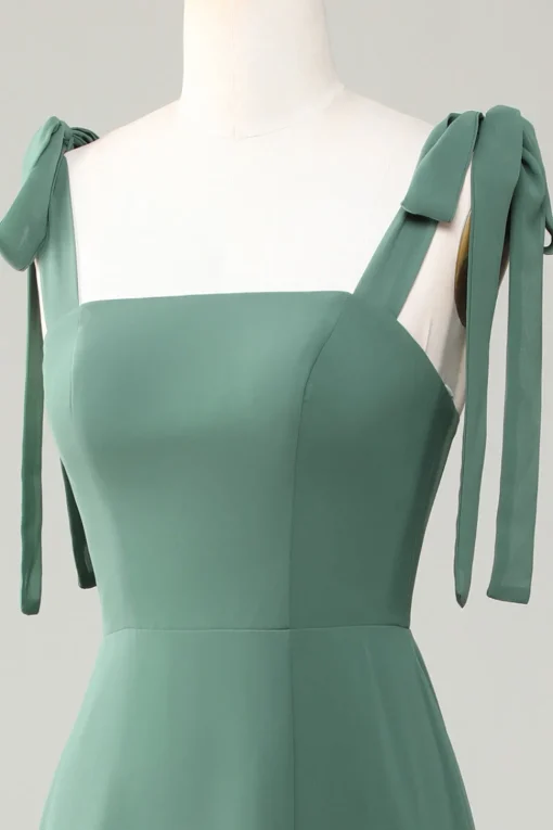 Eucalyptus Tie Straps A Line Bridesmaid Dress With Slit