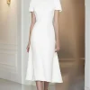Fitted White Short Sleeves Straight Pencil Midi Formal Dress