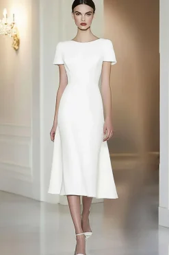 Fitted White Short Sleeves Straight Pencil Midi Formal Dress