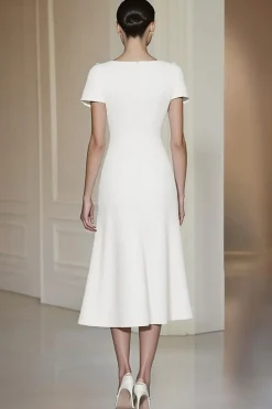 Fitted White Short Sleeves Straight Pencil Midi Formal Dress