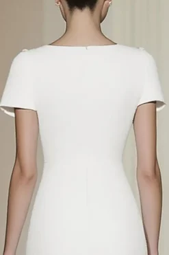 Fitted White Short Sleeves Straight Pencil Midi Formal Dress