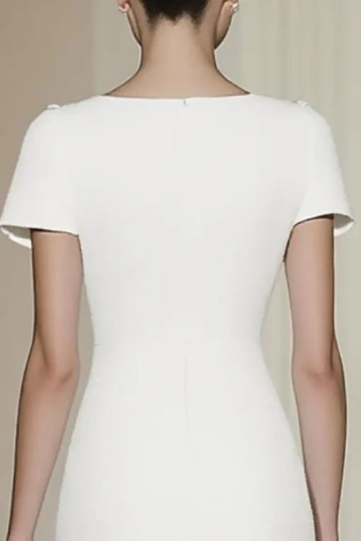 Fitted White Short Sleeves Straight Pencil Midi Formal Dress