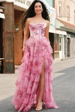 Floral A Line Strapless Corset Tiered Blush Prom Dress with Slit
