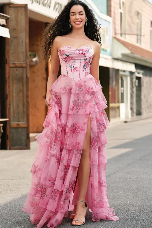 Floral A Line Strapless Corset Tiered Blush Prom Dress with Slit