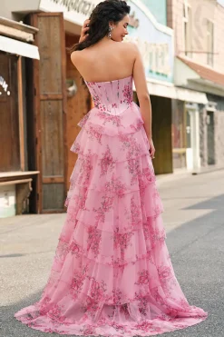 Floral A Line Strapless Corset Tiered Blush Prom Dress with Slit