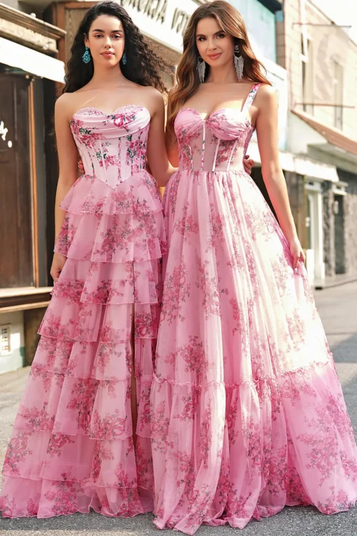 Floral A Line Strapless Corset Tiered Blush Prom Dress with Slit