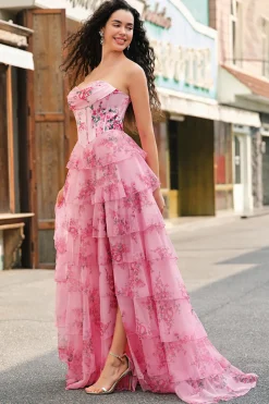Floral A Line Strapless Corset Tiered Blush Prom Dress with Slit