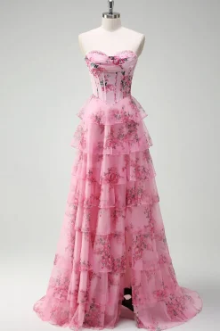 Floral A Line Strapless Corset Tiered Blush Prom Dress with Slit