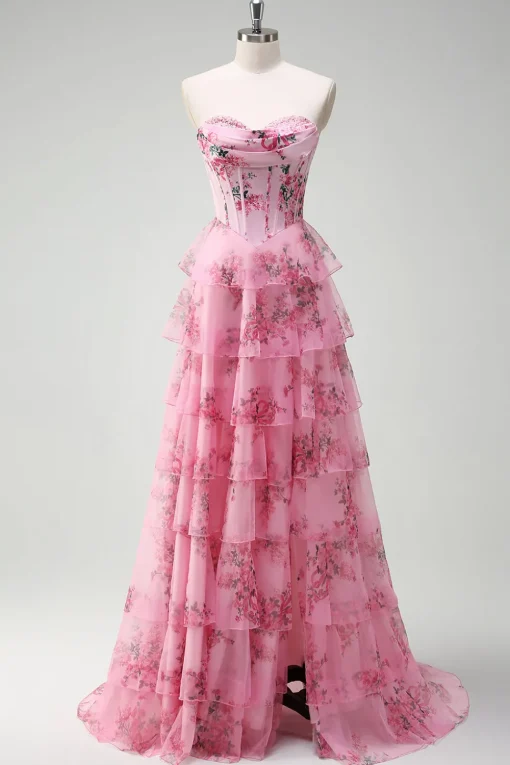 Floral A Line Strapless Corset Tiered Blush Prom Dress with Slit