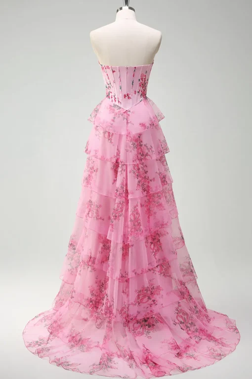 Floral A Line Strapless Corset Tiered Blush Prom Dress with Slit