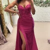 Floral Appliques Corset Spaghetti Straps Fuchsia Prom Dress with Slit