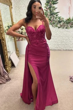 Floral Appliques Corset Spaghetti Straps Fuchsia Prom Dress with Slit