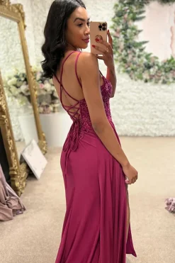 Floral Appliques Corset Spaghetti Straps Fuchsia Prom Dress with Slit
