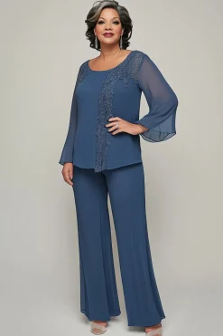 Floral Appliques Dark Blue Tulle Long Sleeves Mother of the Bride Outfits