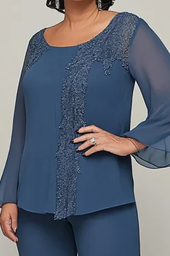 Floral Appliques Dark Blue Tulle Long Sleeves Mother of the Bride Outfits