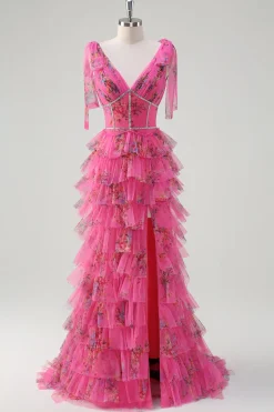 Floral Corset Fuchsia Tulle Deep V-neck A Line Tiered Long Prom Dress