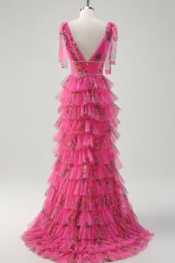 Floral Corset Fuchsia Tulle Deep V-neck A Line Tiered Long Prom Dress