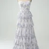 Floral Printed Tiered Long Corset Prom Dress