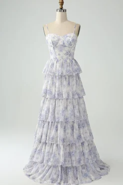 Floral Printed Tiered Long Corset Prom Dress