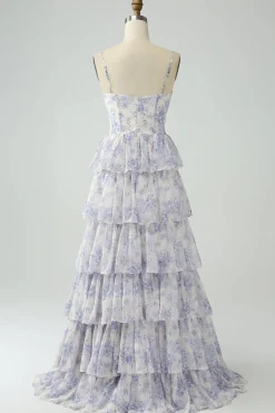 Floral Printed Tiered Long Corset Prom Dress