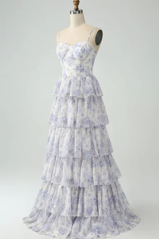 Floral Printed Tiered Long Corset Prom Dress