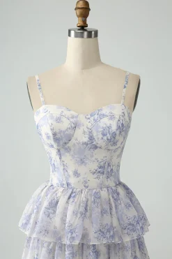 Floral Printed Tiered Long Corset Prom Dress