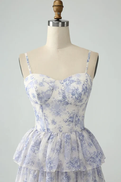 Floral Printed Tiered Long Corset Prom Dress