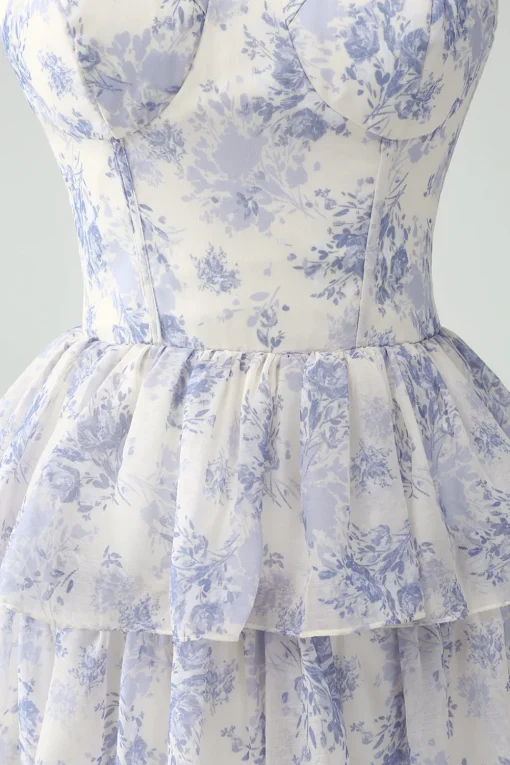 Floral Printed Tiered Long Corset Prom Dress