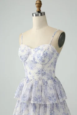 Floral Printed Tiered Long Corset Prom Dress