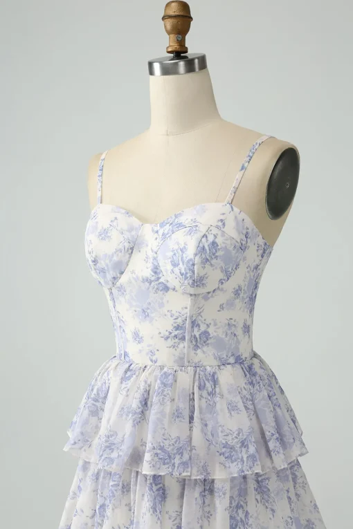 Floral Printed Tiered Long Corset Prom Dress
