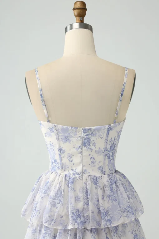 Floral Printed Tiered Long Corset Prom Dress