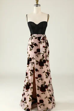 Floral Spaghetti Straps Corset Prom Dress with Slit