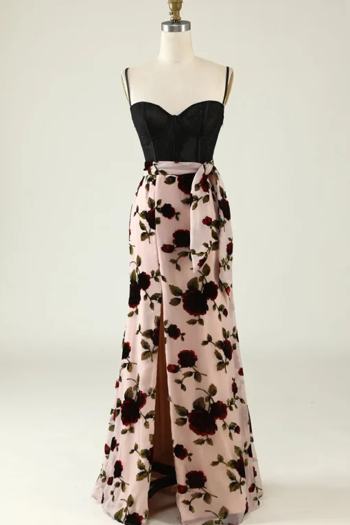 Floral Spaghetti Straps Corset Prom Dress with Slit