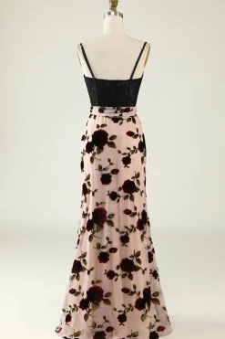 Floral Spaghetti Straps Corset Prom Dress with Slit
