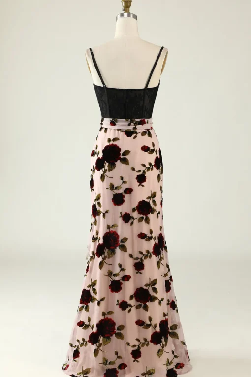 Floral Spaghetti Straps Corset Prom Dress with Slit