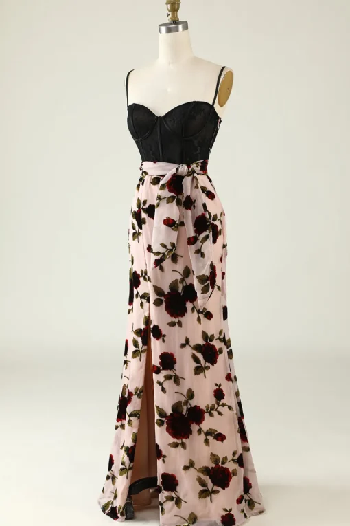 Floral Spaghetti Straps Corset Prom Dress with Slit