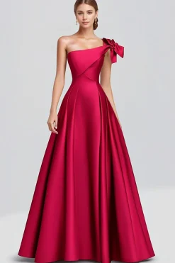 Fuchsia A-Line One Shoulder Bow Satin Long Formal Dress