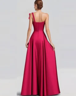 Fuchsia A-Line One Shoulder Bow Satin Long Formal Dress