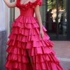 Fuchsia Corset Off the Shoulder A Line Tiered Long Prom Dress with Ruffles
