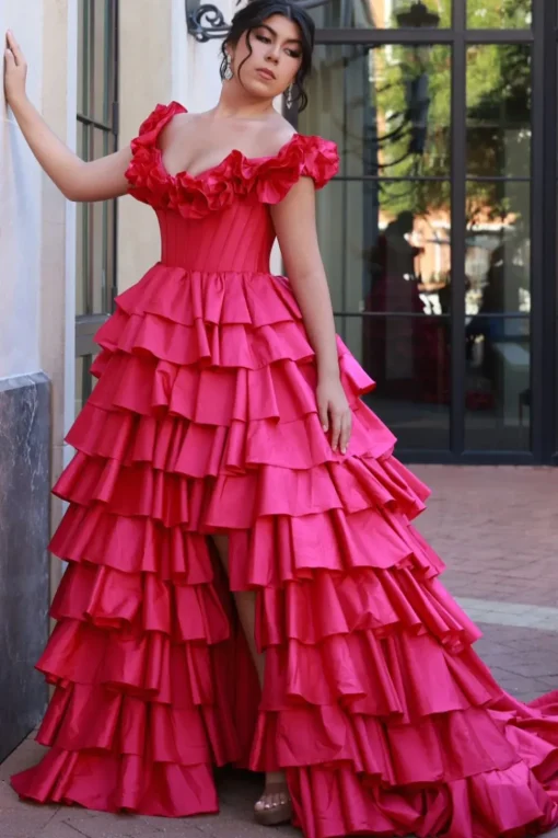 Fuchsia Corset Off the Shoulder A Line Tiered Long Prom Dress with Ruffles