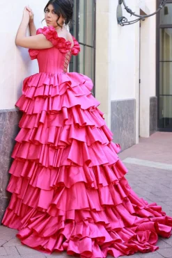 Fuchsia Corset Off the Shoulder A Line Tiered Long Prom Dress with Ruffles