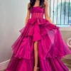 Fuchsia Corset Strapless A Line Tiered Long Prom Dress with Slit