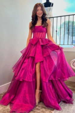 Fuchsia Corset Strapless A Line Tiered Long Prom Dress with Slit