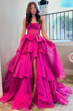 Fuchsia Corset Strapless A Line Tiered Long Prom Dress with Slit