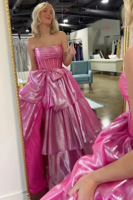 Fuchsia Corset Strapless A Line Tiered Long Prom Dress with Slit
