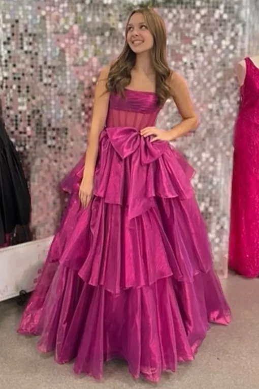 Fuchsia Corset Strapless A Line Tiered Long Prom Dress with Slit