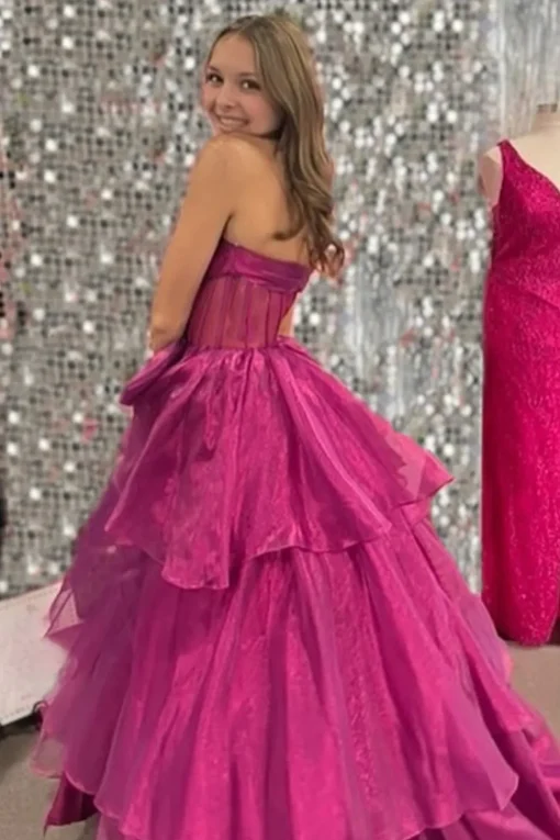 Fuchsia Corset Strapless A Line Tiered Long Prom Dress with Slit