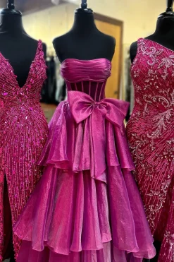 Fuchsia Corset Strapless A Line Tiered Long Prom Dress with Slit