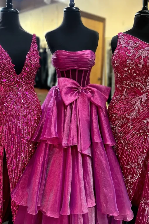 Fuchsia Corset Strapless A Line Tiered Long Prom Dress with Slit